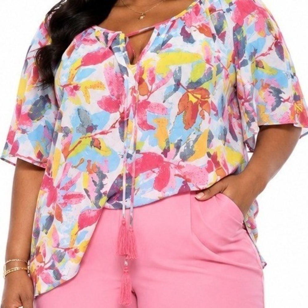 SHEIN Curve 3XL Pink Floral Tassel Tie Neck Short‎ Sleeve Blouse Top